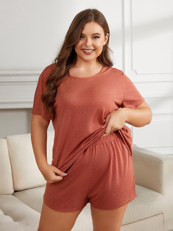Plus-Size Round Neck Short Sleeve Loungewear Set
