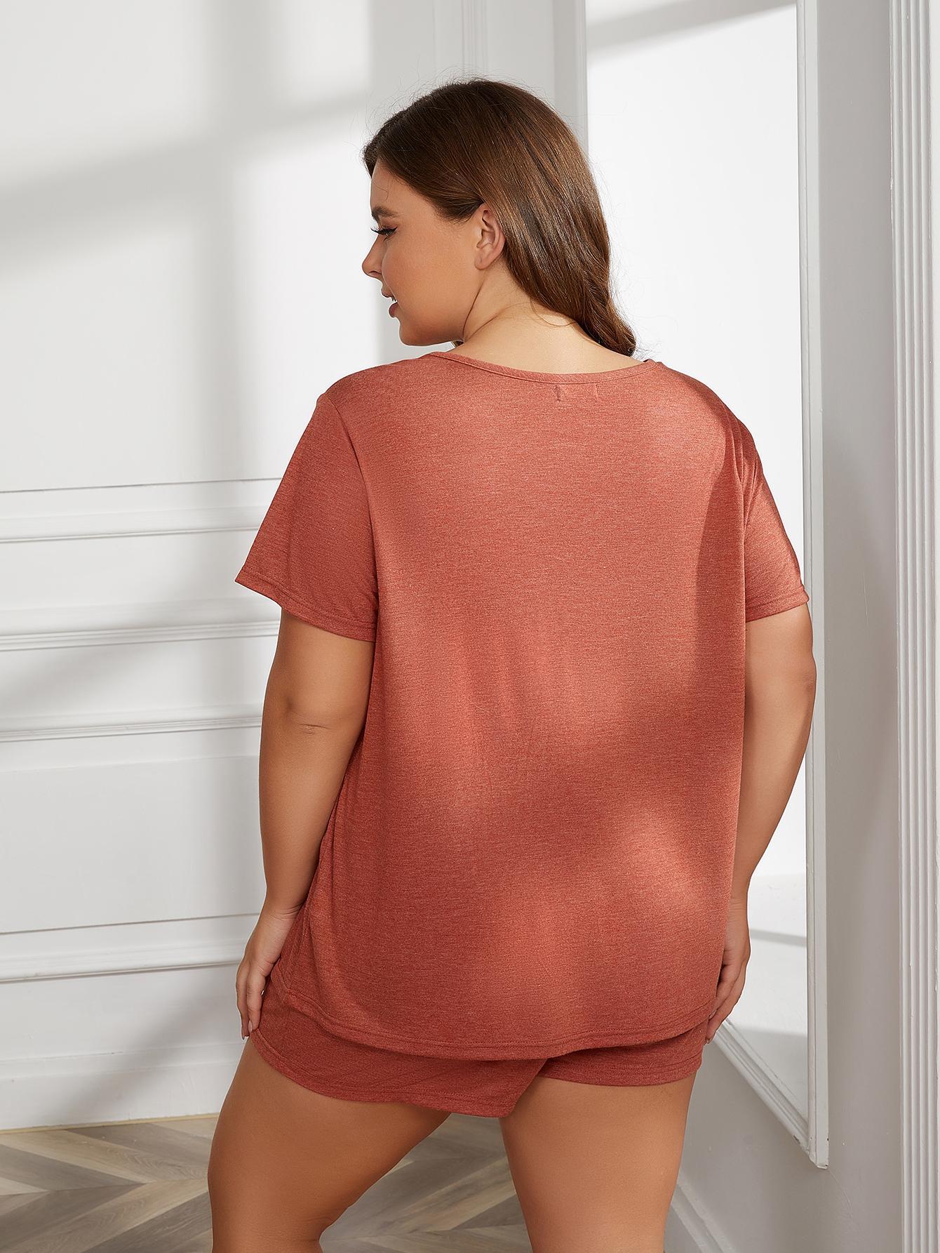 Plus-Size Round Neck Short Sleeve Loungewear Set