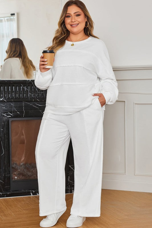 Plus Size Solid Raw Seam Top and Drawstring Pants